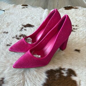 Sparkling Hot Pink Rhinestone Pointed-Toe Block Heel Pumps PLZ LOOK @ DESC